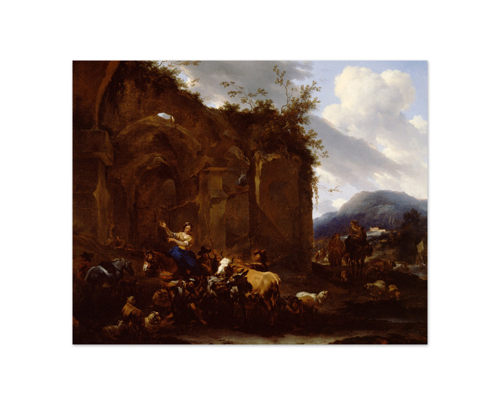 Nicolaes Pietersz Berchem - A Farrier and Peasants near Roman Ruins - Compact / Full Bleed / No Frame