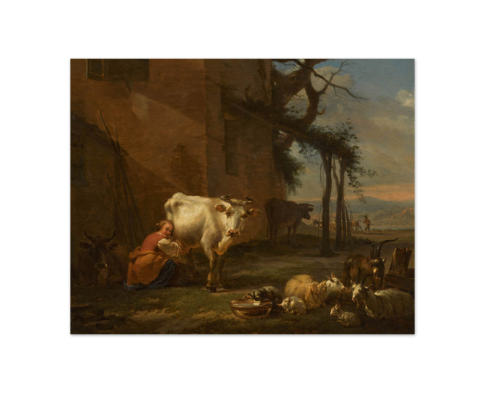Nicolaes Pietersz Berchem - A Milkmaid with Her Herd, a River Landscape Beyond - Compact / Full Bleed / No Frame