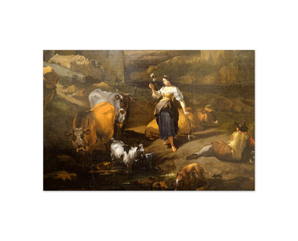 Nicolaes Pietersz Berchem - Italianate Landscape with Animals, a Shepherd, and a Peasant Woman Holding a Distaff - Compact / Full Bleed / No Frame