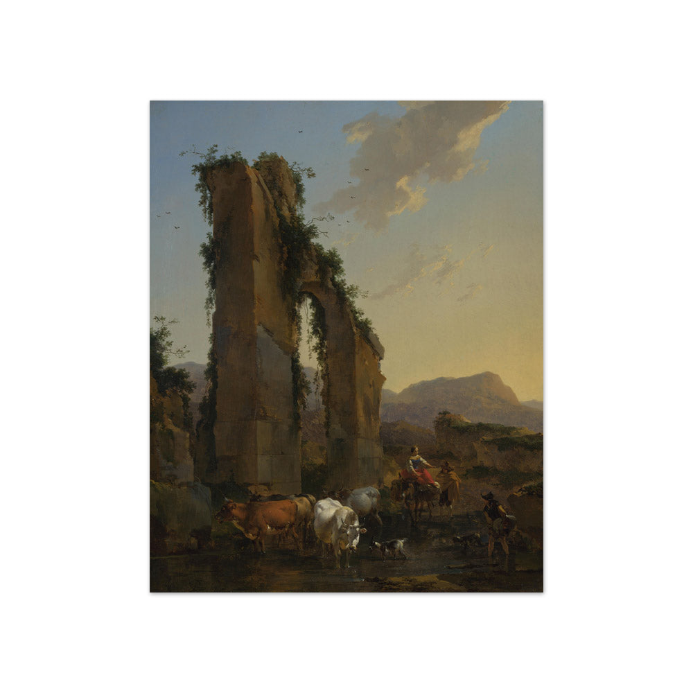 Nicolaes Pietersz Berchem - Peasants With Cattle By A Ruined Aqueduct - Compact / Full Bleed / No Frame