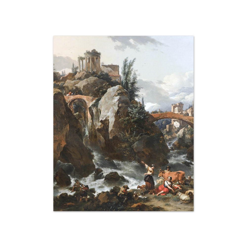 Nicolaes Pietersz Berchem - Landscape with a Waterfall and the Temple of the Sibyl at Tivoli - Compact / Full Bleed / No Frame