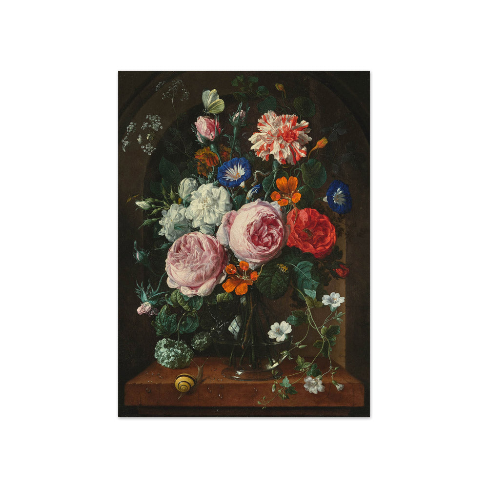 Nicolaes van Veerendael - Bouquet of Flowers in a Glass Vase with Butterfly, Caterpillar and Snail - Compact / Full Bleed / No Frame