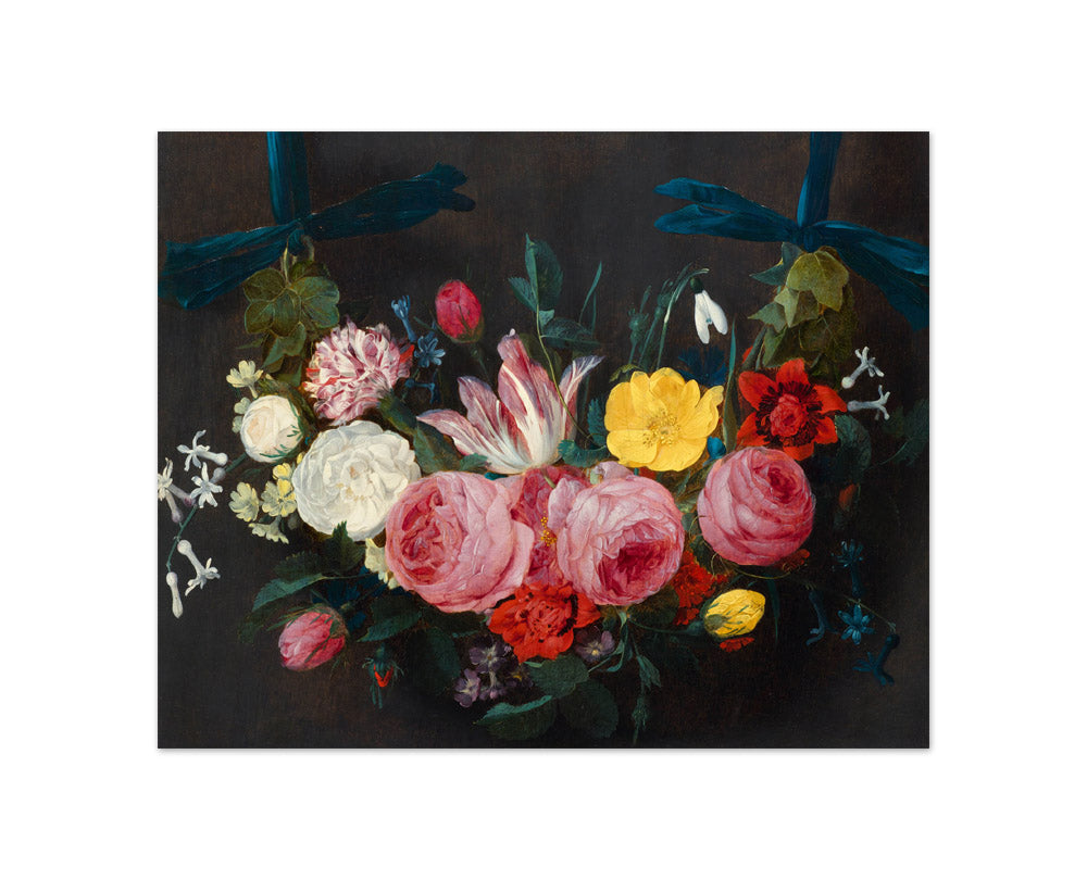 Jan Philip van Thielen - Garland of Flowers with Roses, Tulips, Carnations, Lily of the Valley, Violets, and Ivy on Blue Ribbons - Compact / Full Bleed / No Frame