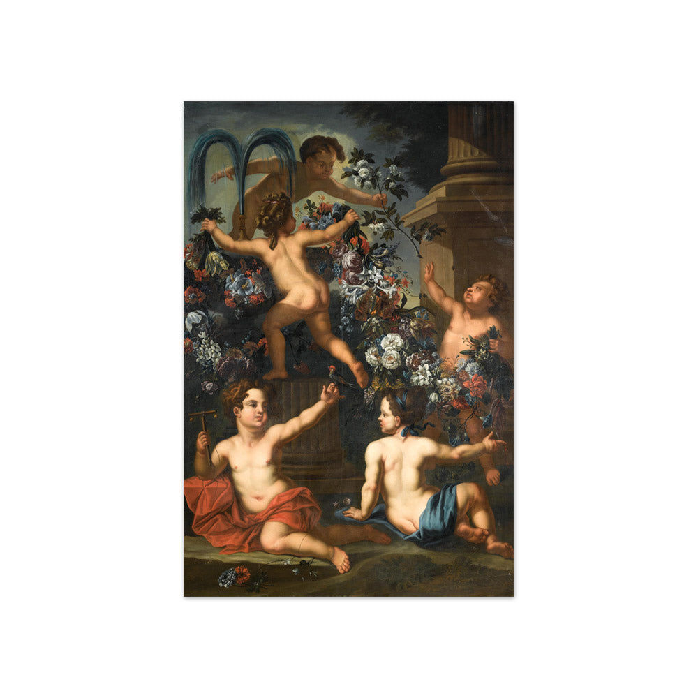Jacob Melchior van Herck - Putti amid Garlands of Flowers Beside a Stone Fountain and a Column - Compact / Full Bleed / No Frame