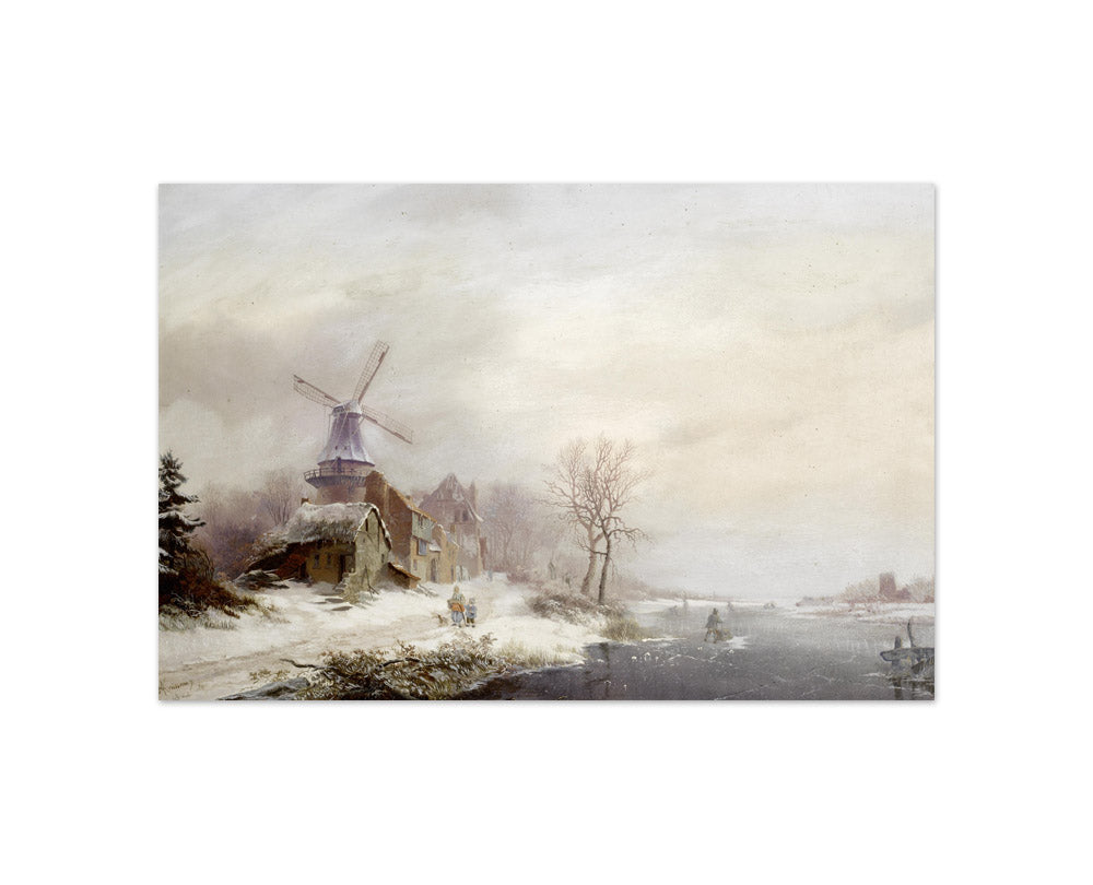 Frederik Marinus Kruseman - Winter Landscape with Hamlet, Windmill and Figures - Compact / Full Bleed / No Frame