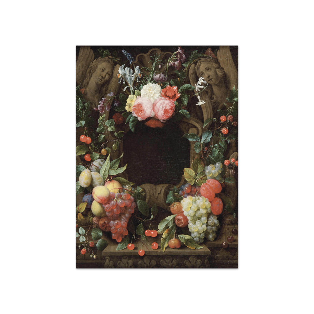 Joris van Son - Pink Roses, Blackberries, Figs, Plums, Grapes, Cherries and Other Fruits and Flowers Surrounding a Stone Cartouche with Sculpted Angels - Compact / Full Bleed / No Frame