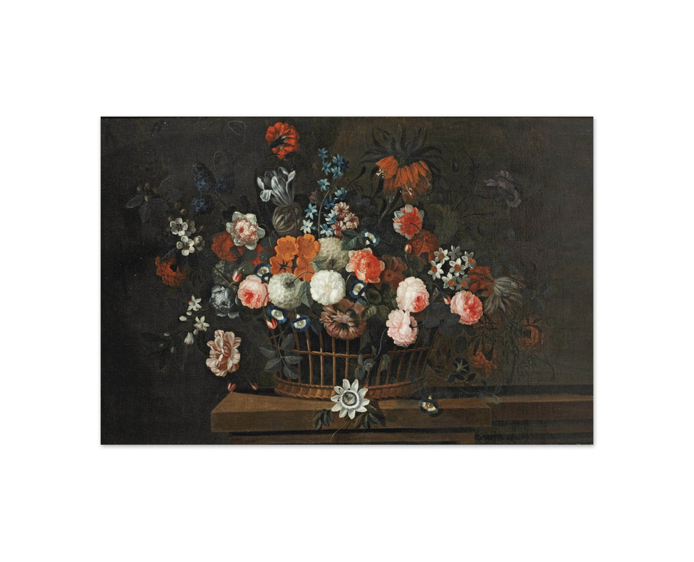 Simon Hardimé - Wicker Basket with Roses, Tulips, Hyacinths and Other Flowers - Compact / Full Bleed / No Frame