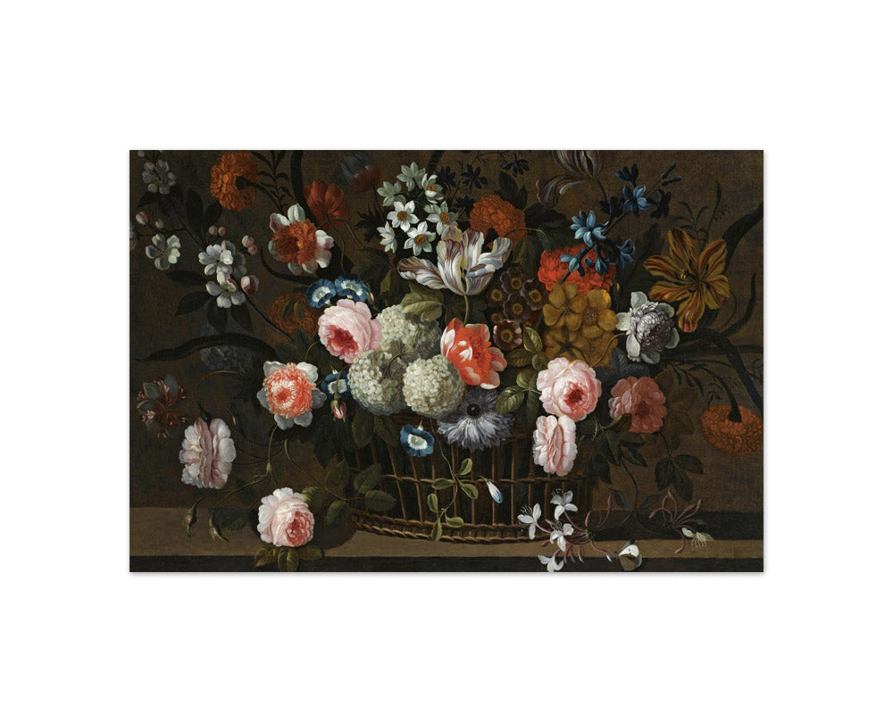 Simon Hardimé - Still Life of Roses, Daffodils, Morning Glory, Hydrangea, Snowballs, and Other Flowers in a Basket on a Stone Ledge - Compact / Full Bleed / No Frame