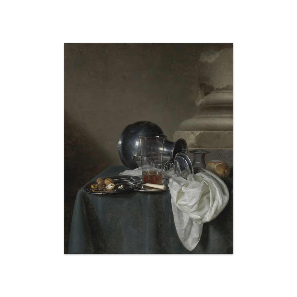Simon Luttichuys - Still Life with a Pewter Jug, a Glass of Ale, a Salt Cellar, a Bread Roll, and Other Objects on a Table - Compact / Full Bleed / No Frame
