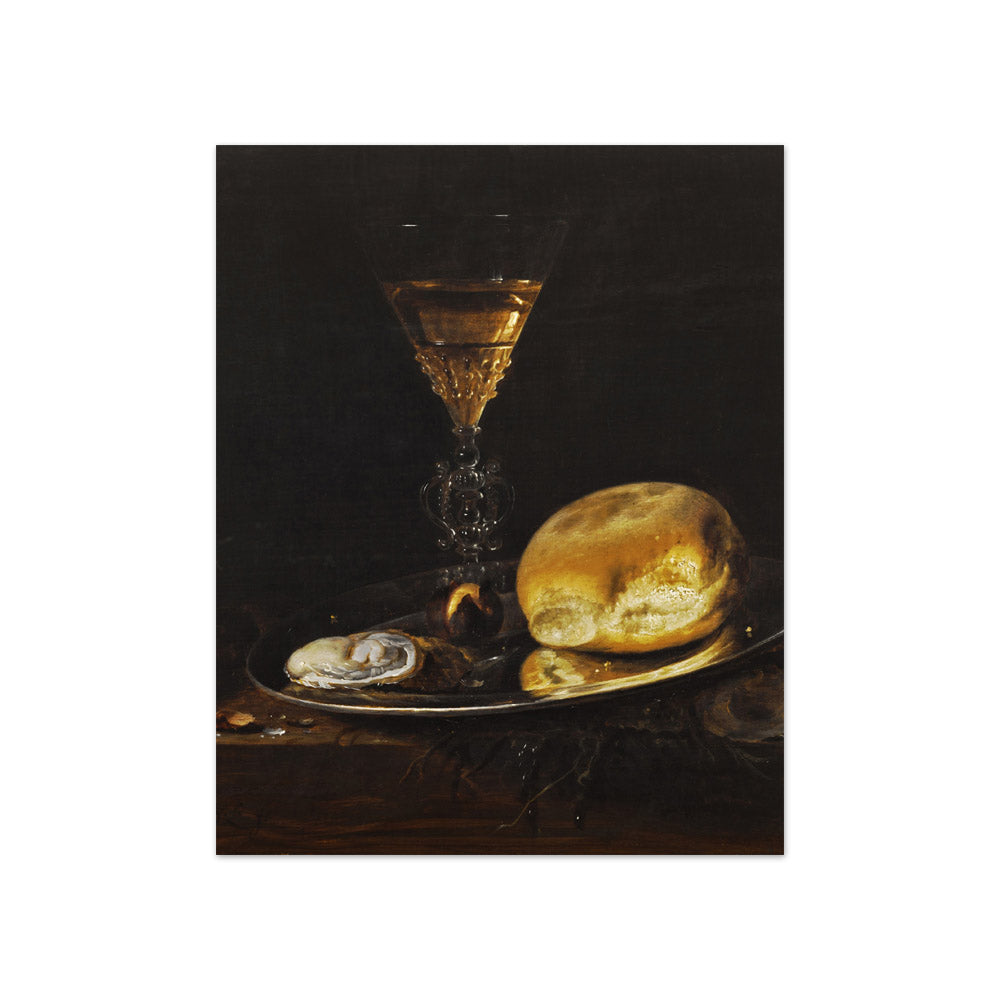 Simon Luttichuys - Still Life with a Façon de Venise Wine Glass, a Bread Roll, an Oyster and a Chestnut in a Pewter Dish - Compact / Full Bleed / No Frame