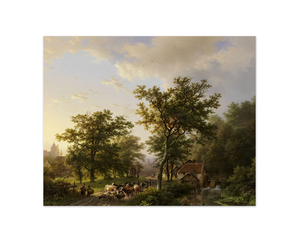 Barend Cornelis Koekkoek - Landscape with Watermill and Cattle Farmers - Compact / Full Bleed / No Frame