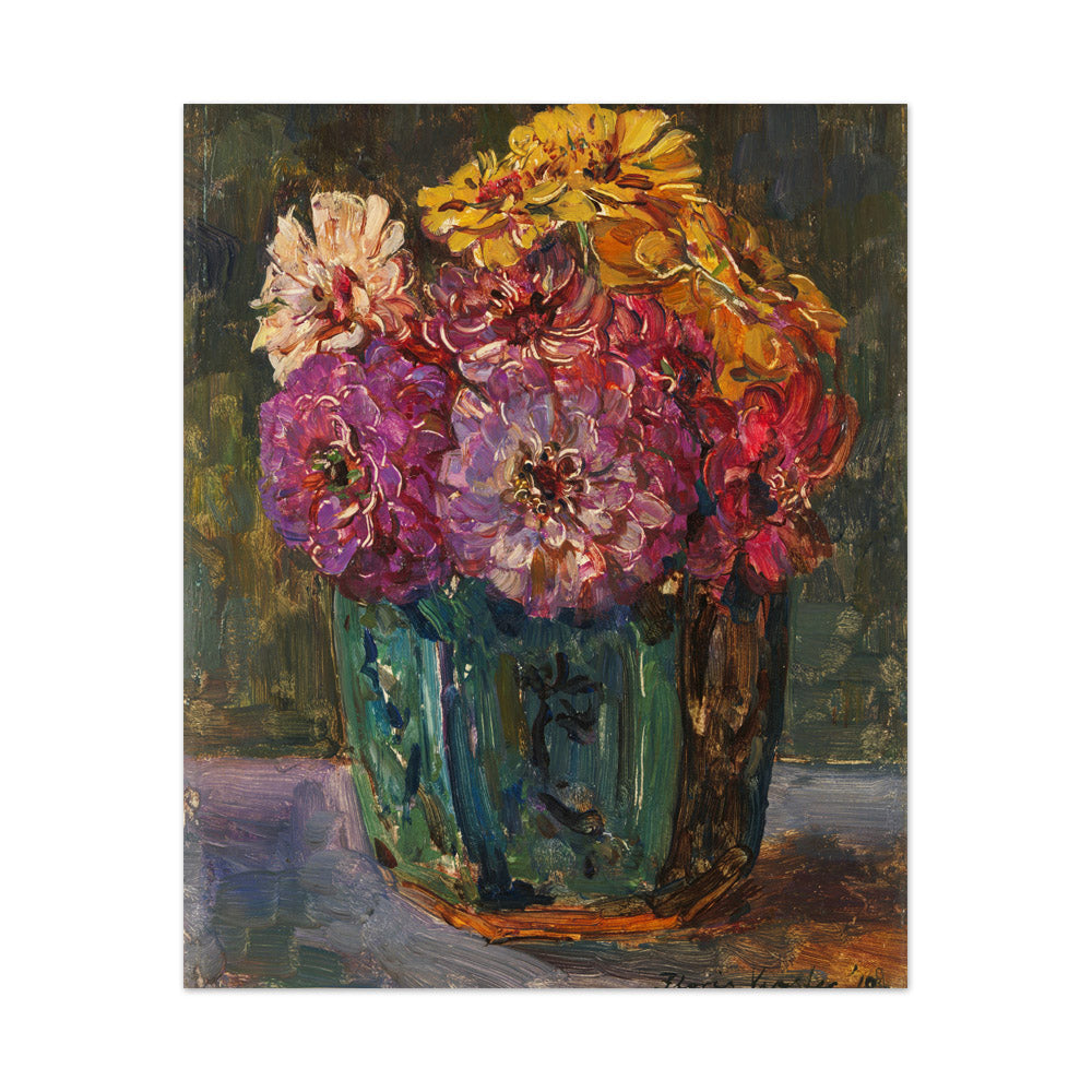 Still Life with Zinnias in a green Jar by Floris Verster - Large / Full Bleed / No Frame