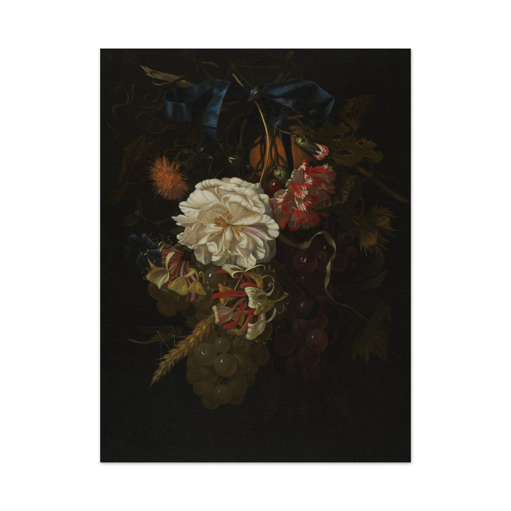 Bouquet of Flowers and Fruit with Blue Ribbon by Maria van Oosterwijck - Large / Full Bleed / No Frame