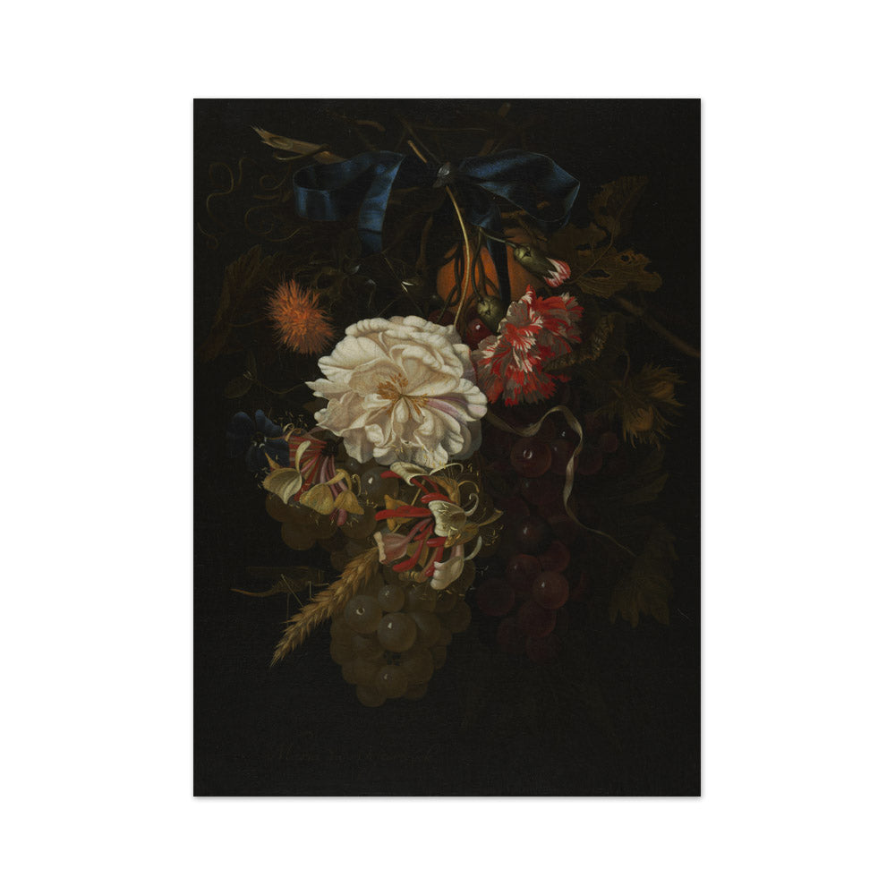 Bouquet of Flowers and Fruit with Blue Ribbon by Maria van Oosterwijck - Medium / Full Bleed / No Frame