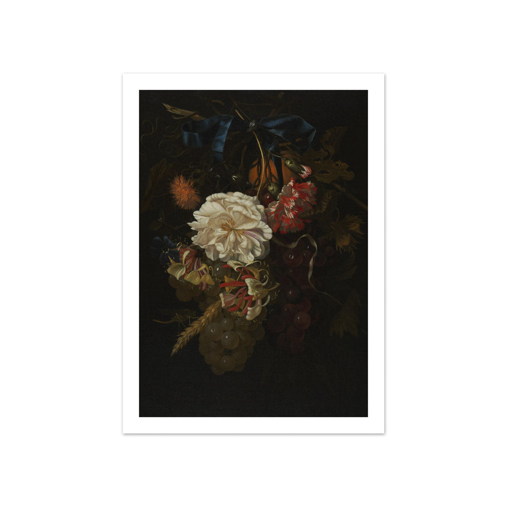 Bouquet of Flowers and Fruit with Blue Ribbon by Maria van Oosterwijck - Compact / With Margin / No Frame