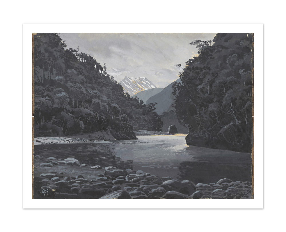 Looking up the Karangarua Range from above the Great Cataract by George Sturtevant - Extra Large / With Margin / No Frame