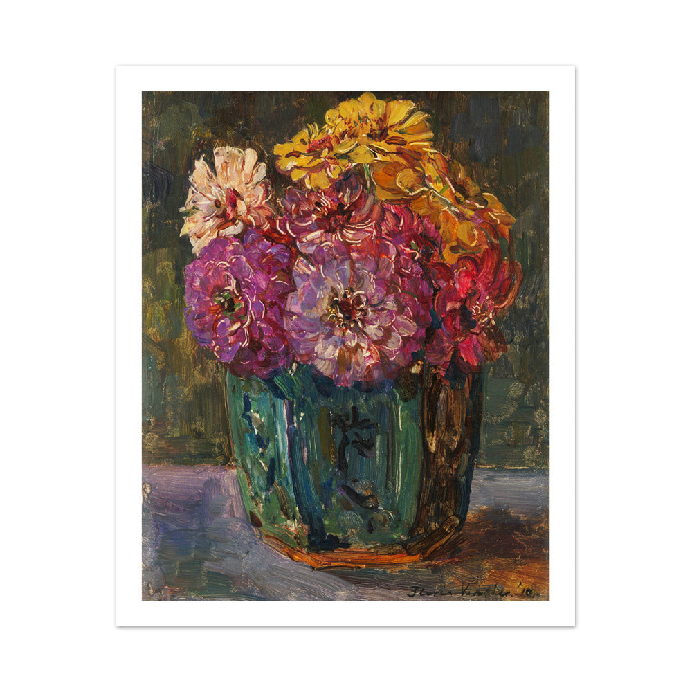 Still Life with Zinnias in a green Jar by Floris Verster - Large / With Margin / No Frame
