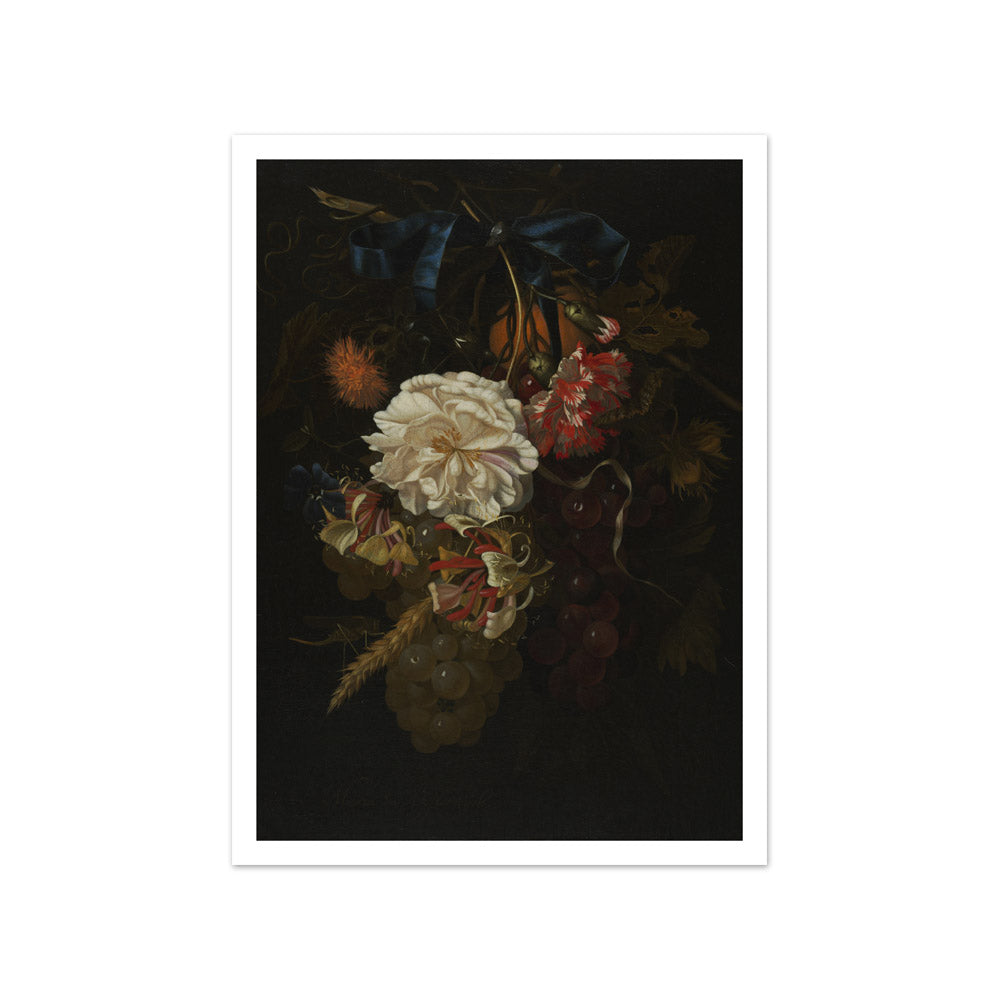 Bouquet of Flowers and Fruit with Blue Ribbon by Maria van Oosterwijck - Small / With Margin / No Frame