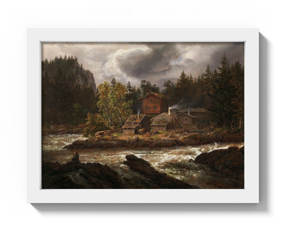 View of Hønefossen by Johan Christian Dahl - Compact / Full Bleed / White Frame