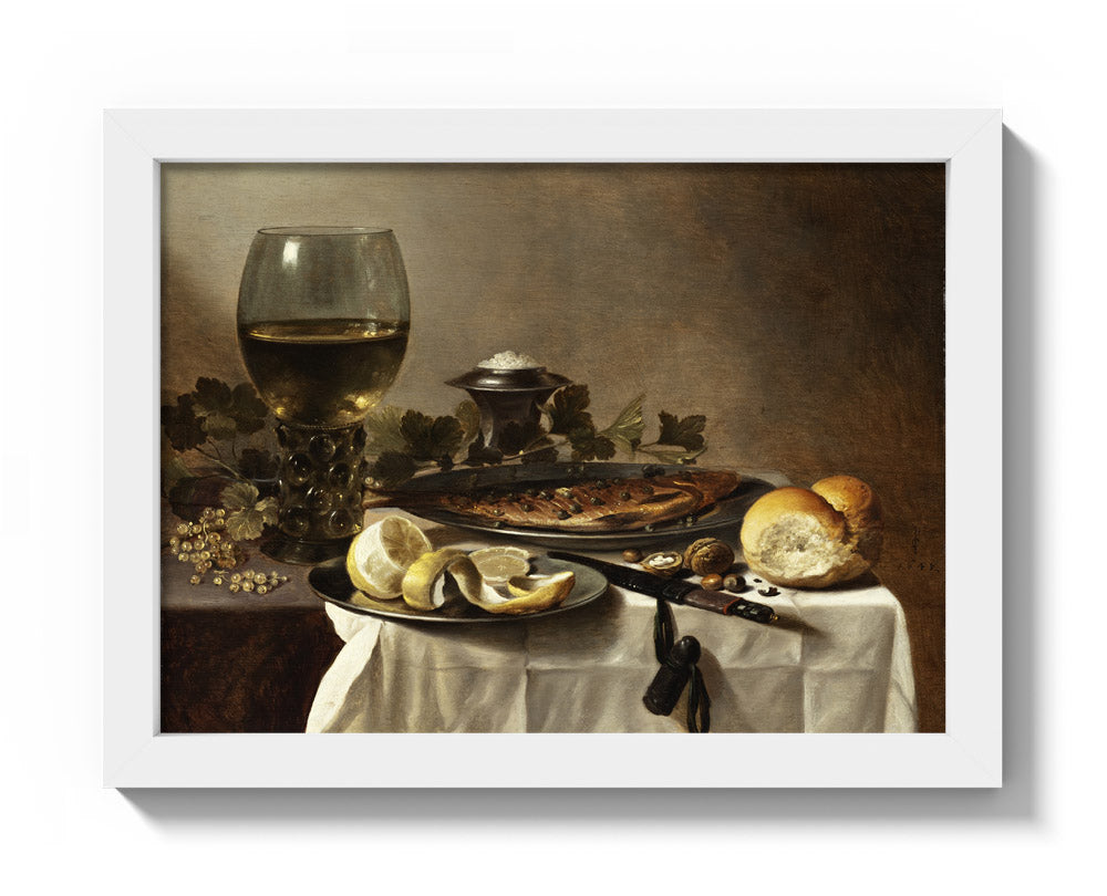 Still Life with Herring, Wine and Bread by Pieter Claesz - Compact / Full Bleed / White Frame
