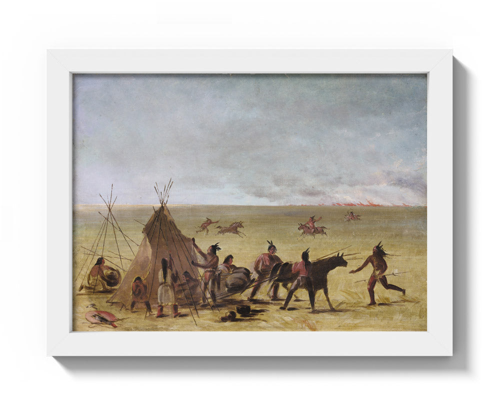 George Catlin - Indian Family Alarmed at the Approach of a Prairie Fire - Compact / Full Bleed / White Frame