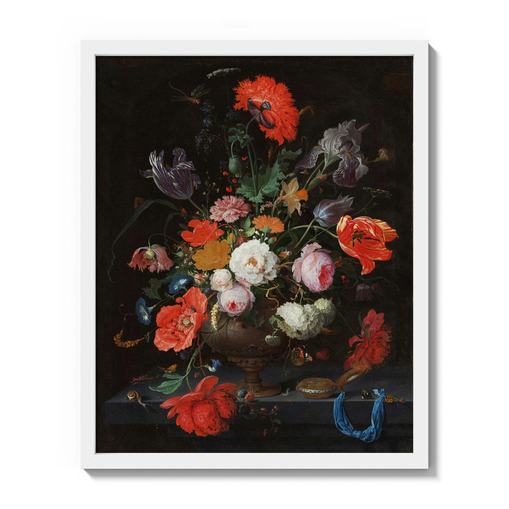Still Life with Flowers and a Watch by Abraham Mignon - Medium / Full Bleed / White Frame