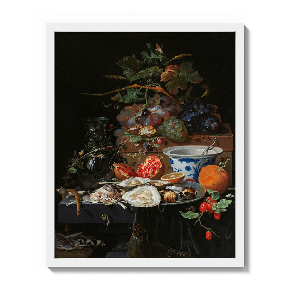 Still Life with Fruit, Oysters, and a Porcelain Bowl by Abraham Mignon - Medium / Full Bleed / White Frame