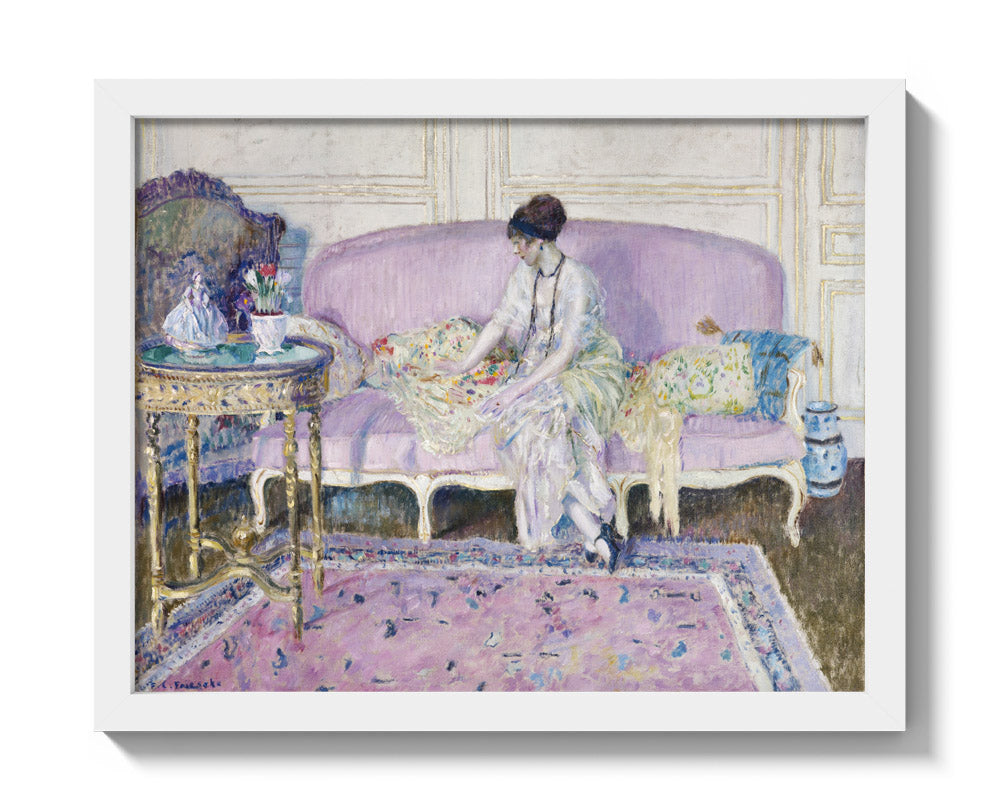 Woman Seated on Sofa in Interior by Frederick Carl Frieseke - Small / Full Bleed / White Frame