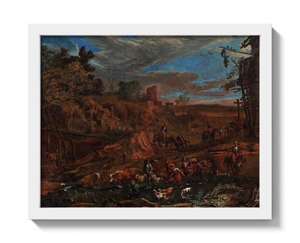 Autumn Landscape with Ford and Cattle Drive by Hans Johann Baptist Graf - Small / Full Bleed / White Frame