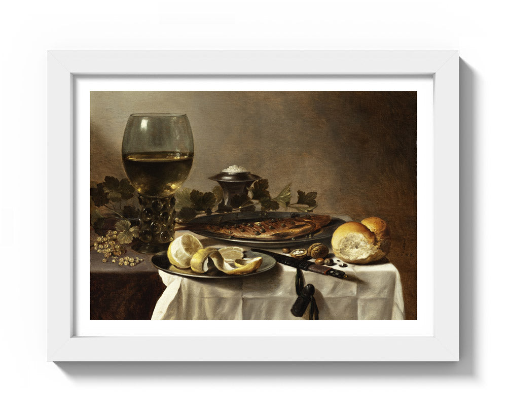 Still Life with Herring, Wine and Bread by Pieter Claesz - Compact / With Margin / White Frame