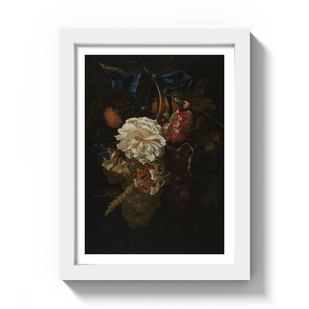 Bouquet of Flowers and Fruit with Blue Ribbon by Maria van Oosterwijck - Compact / With Margin / White Frame