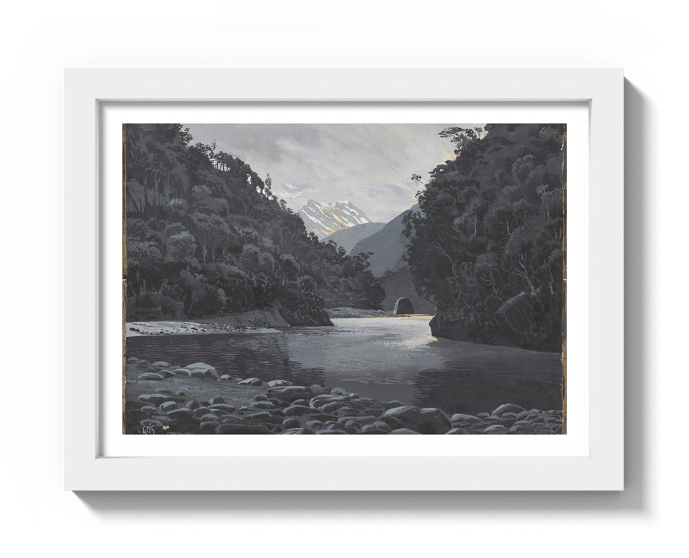 Looking up the Karangarua Range from above the Great Cataract by George Sturtevant - Compact / With Margin / White Frame
