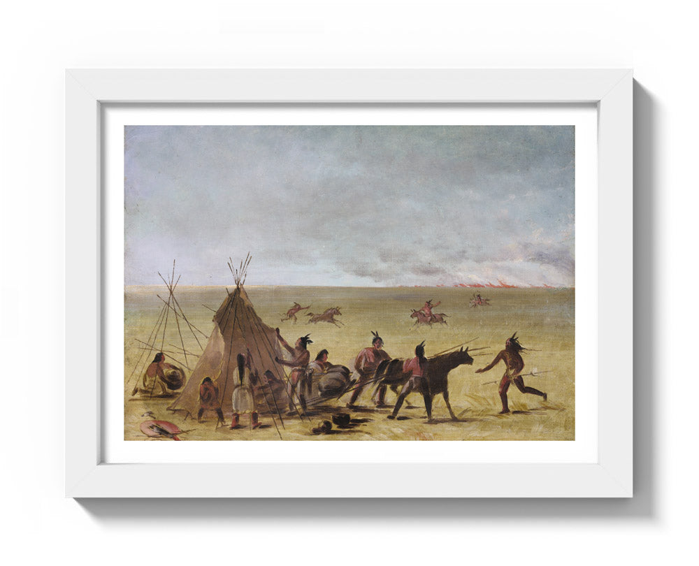 George Catlin - Indian Family Alarmed at the Approach of a Prairie Fire - Compact / With Margin / White Frame