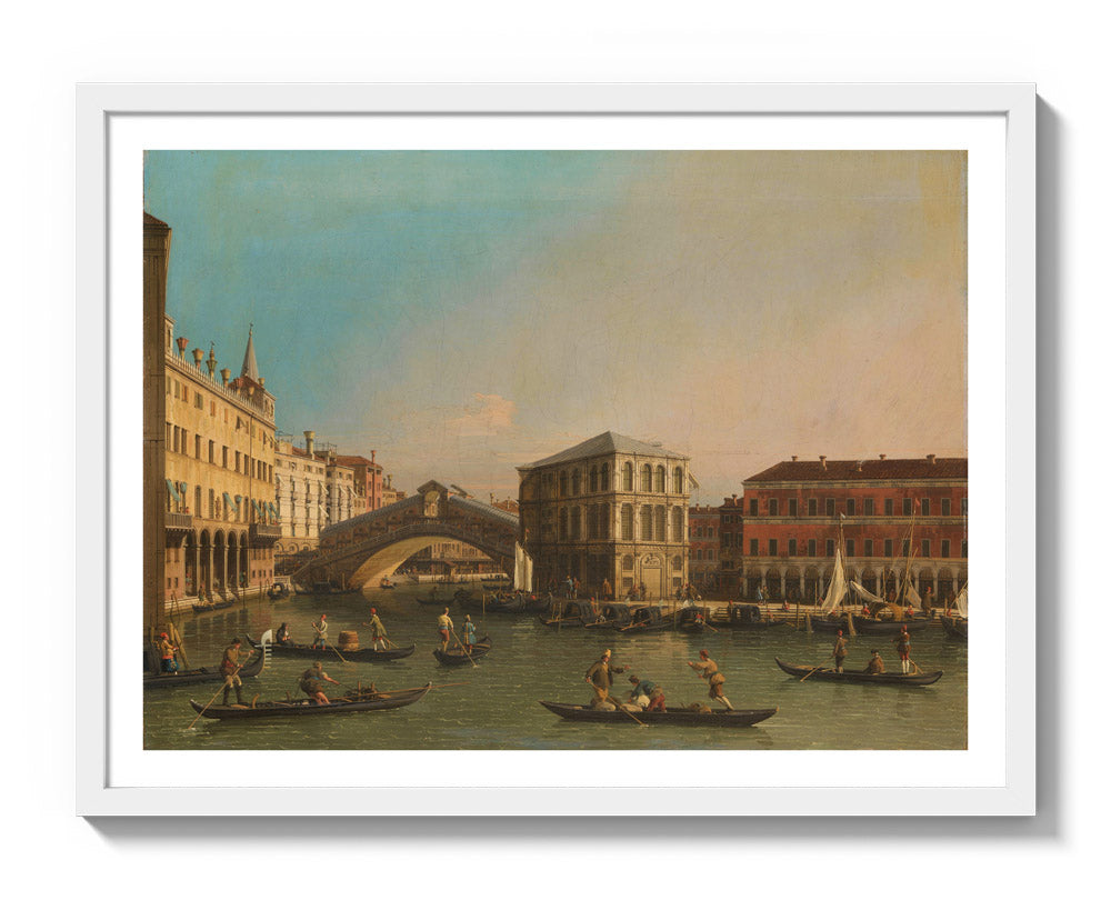 The Grand Canal with the Rialto Bridge and the Fondaco dei Tedeschi by Canaletto - Large / With Margin / White Frame