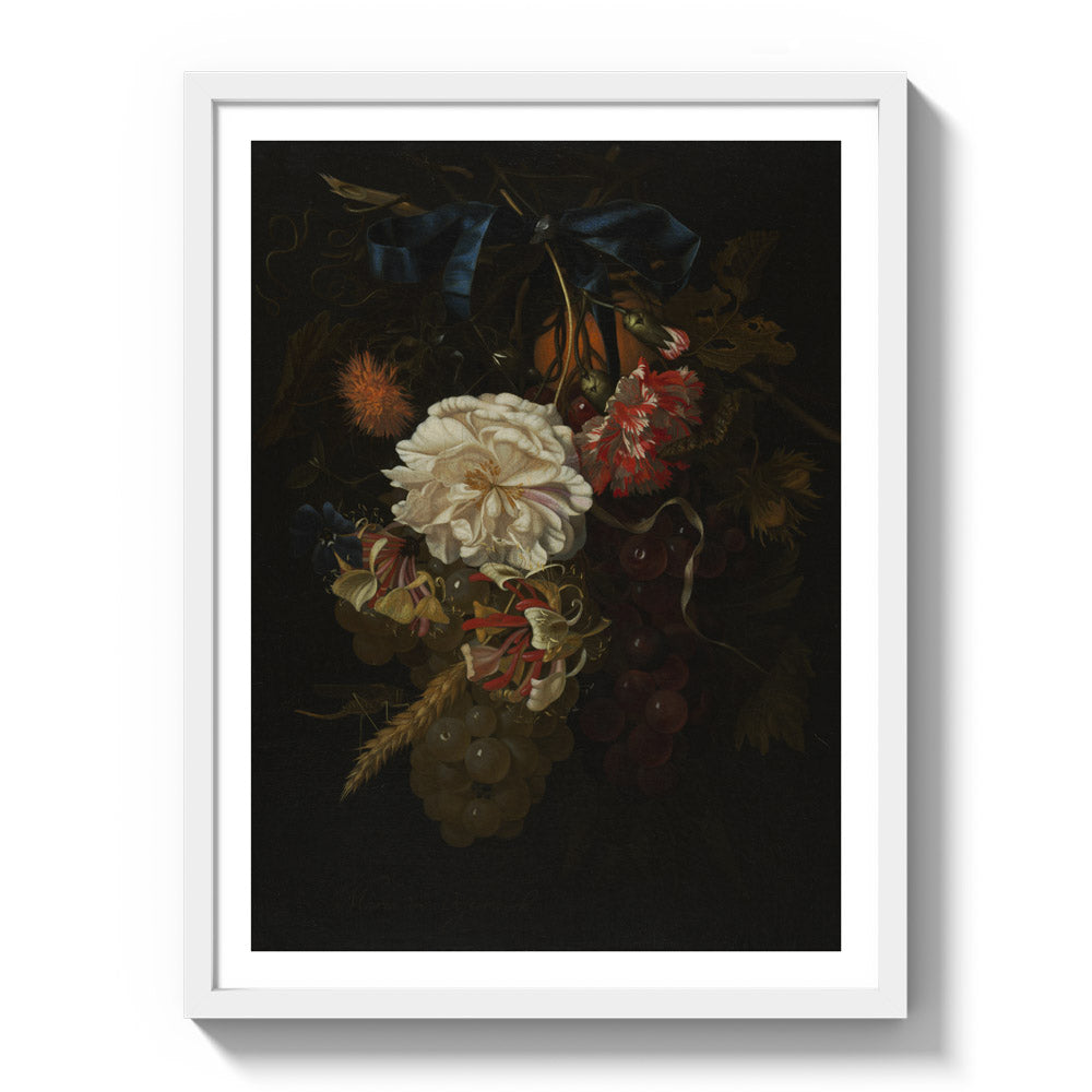 Bouquet of Flowers and Fruit with Blue Ribbon by Maria van Oosterwijck - Large / With Margin / White Frame