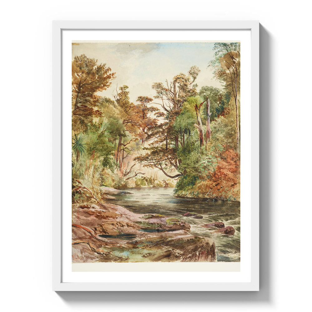 River scene, Porirua river by Nicholas Chevalier - Large / With Margin / White Frame