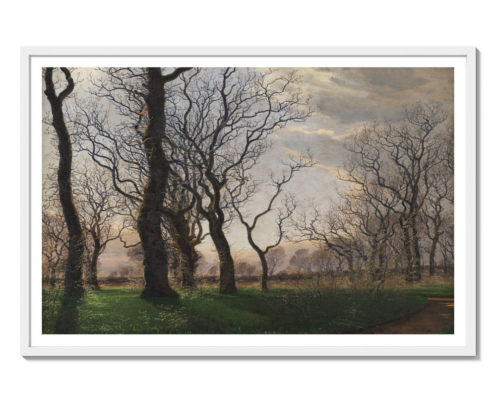 On the Outskirts of an Oak Forest on an Early Spring Morning by Janus la Cour - Majestic / With Margin / White Frame
