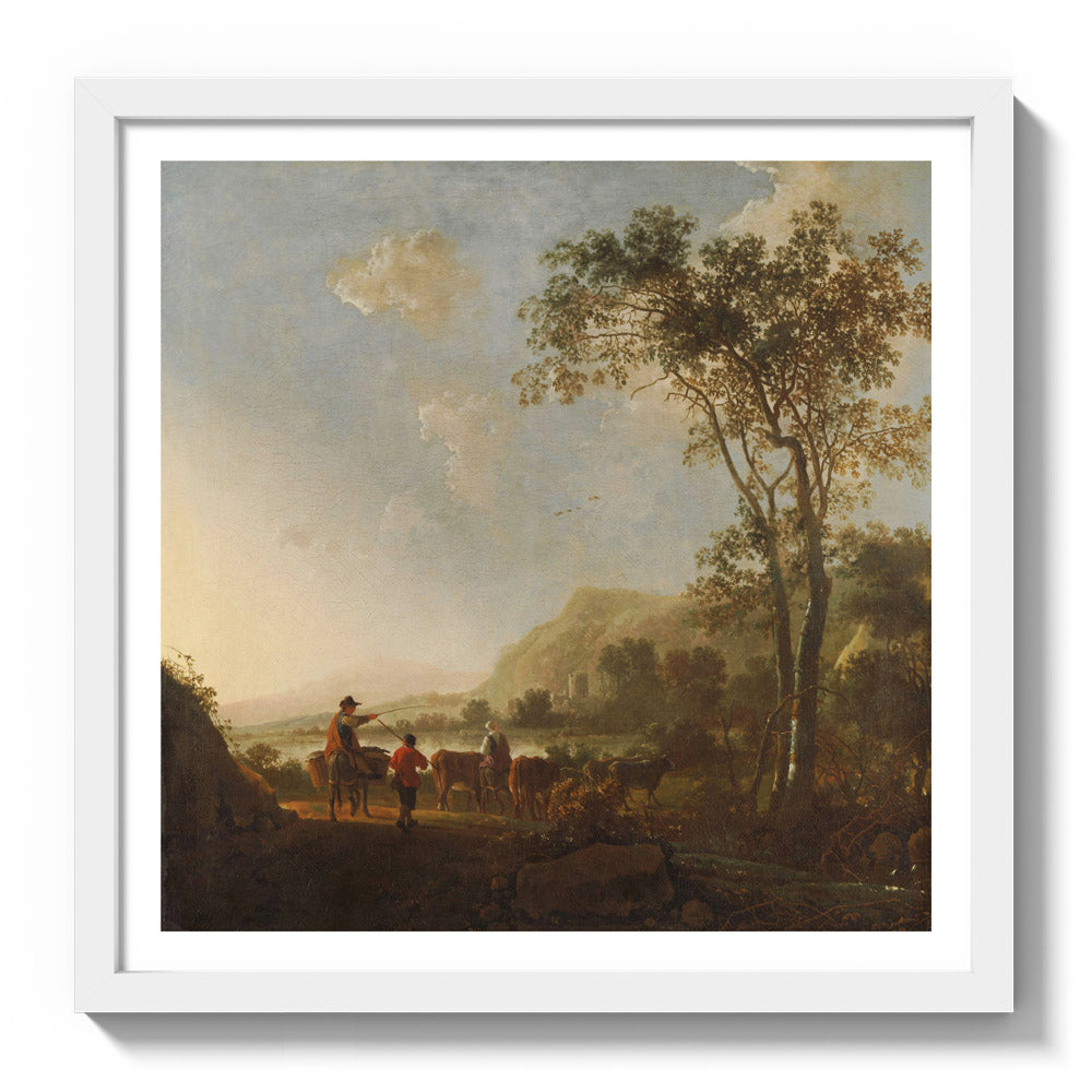 Landscape with Herdsmen and Cattle by Follower of Aelbert Cuyp - Medium / With Margin / White Frame