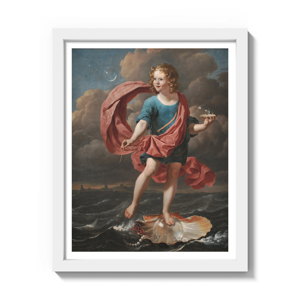 Boy Blowing Soap Bubbles. Allegory on the Brevity of Life by Karel Du Jardin - Small / With Margin / White Frame