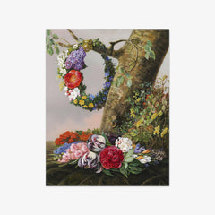 A bouquet of flowers at the foot of a tree. On a branch hangs a flower wreath by Christine Løvmand - thumbnail_0_nf_67672ac4b7c995d950163f64