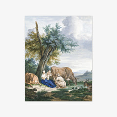 Peasant woman and farmer with child in a landscape with cattle by Aert Schouman