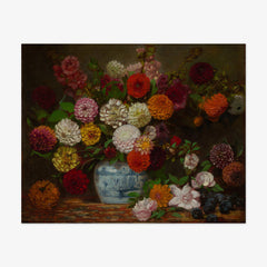 Large Bouquet of flowers--mostly dahlias--in white, pink, orange and red, in a blue and white round jar by Eugène Delacroix