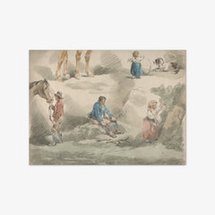Set of Five: Studies of Girls, one Playing with Hoop, one Picking Berries, Man and Horse, etc. by George Morland
