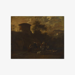 Landscape with ruins and a family herding cattle by Nicolaes Berchem