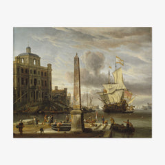 Italianate Harbour View with a Fantasy Building and Man-of-War by Abraham Storck