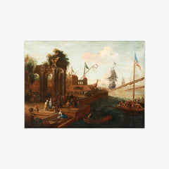 Painting of a Southern Port with Figures and Ships by Abraham Storck
