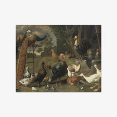 Peacock and Peahen on a Perch, Turkeys, a Pheasant and Poultry by a Well by Adriaen van Utrecht