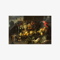 Still Life with Fruits, Vegetables, a Monkey and a Parrot in a Garden by Adriaen van Utrecht
