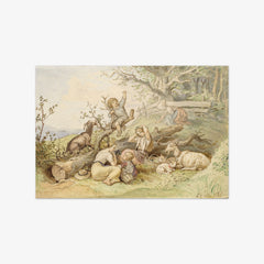 Children and Goats Resting by a Felled Tree by Ludwig Richter