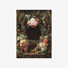Pink Roses, Blackberries, Figs, Plums, Grapes, Cherries and Other Fruits and Flowers Surrounding a Stone Cartouche with Sculpted Angels by Joris van Son